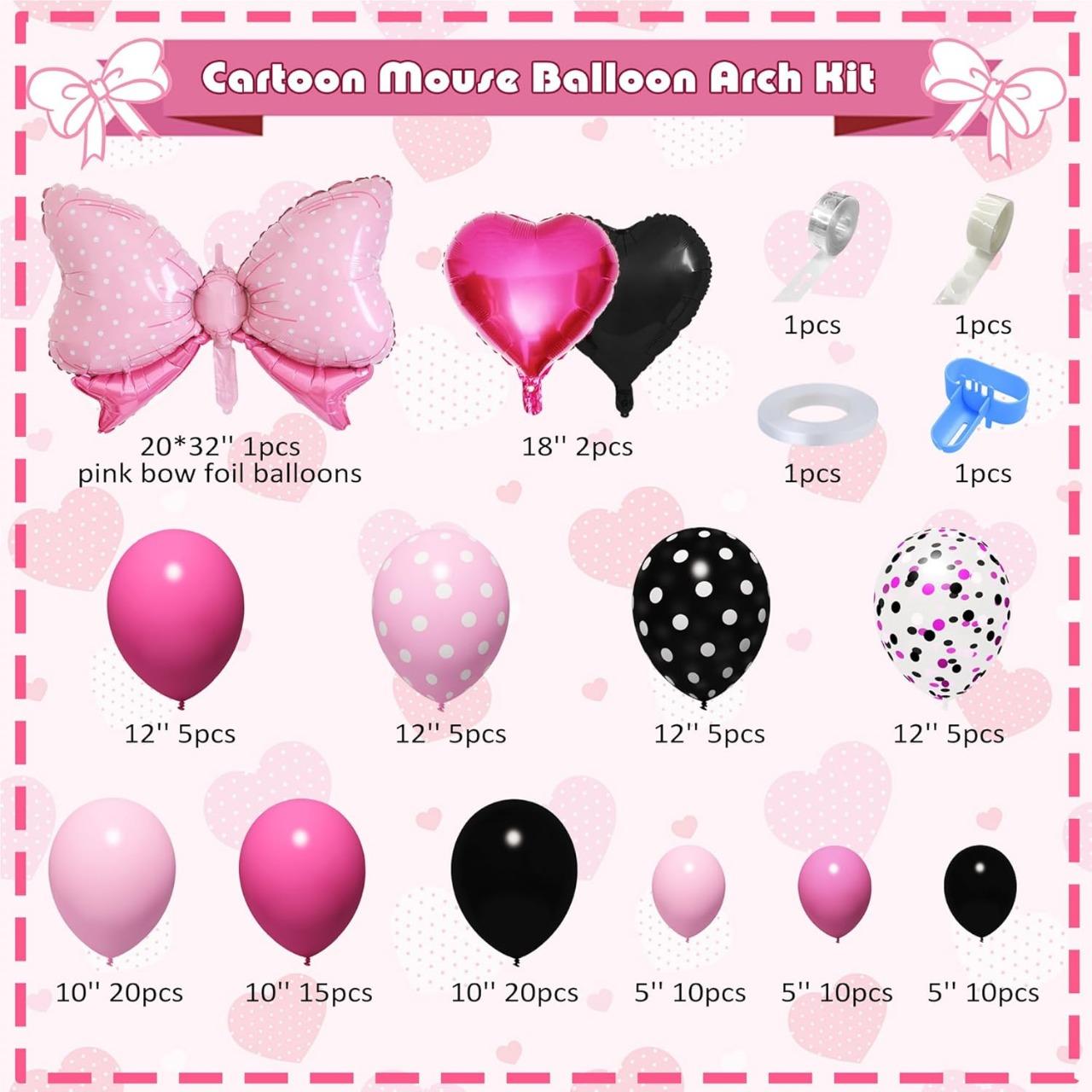 Party Pink Mouse Balloon Garland Arch Kit for Cartoon Mouse Theme Birthday Party Decorations Girl, Pink Black Rose Red Bow Foil Balloons Banners for Mouse Party Supplies