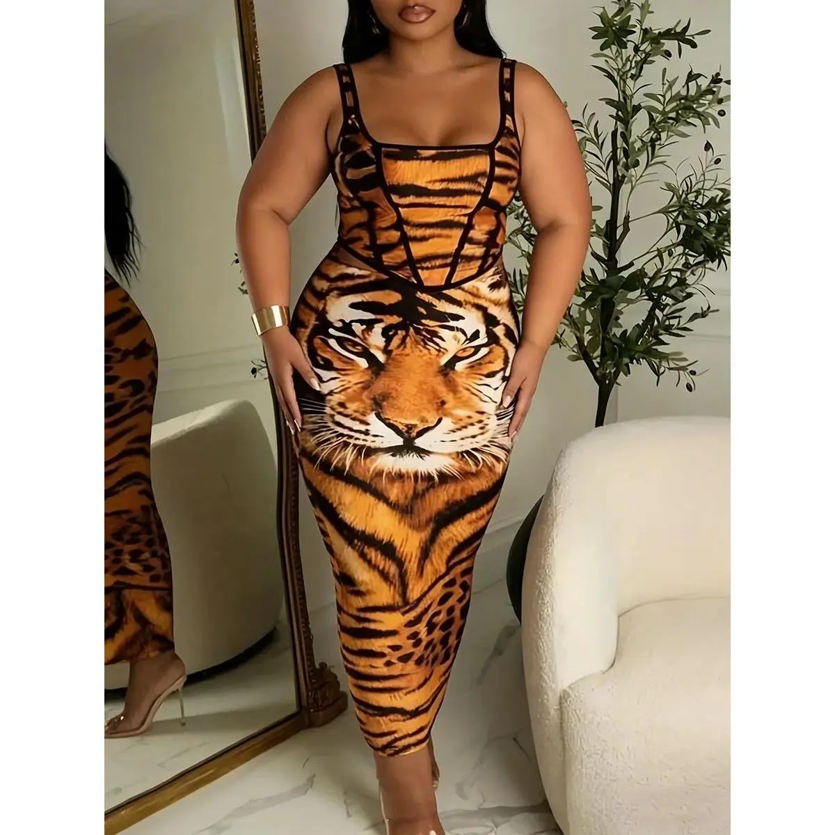 Plus Size Women's Dress Square Neck Spaghetti Strap Tiger Print Corset Bodycon Midi Dress Wild Sexy Spring Summer Party Stretchy