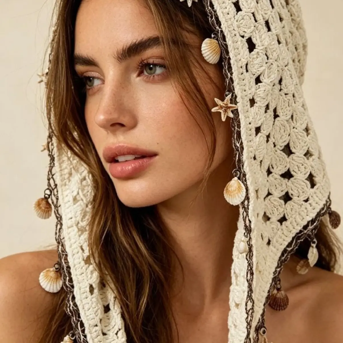 1pc Women Bandana Beige Seashell & Starfish Crochet Hollow Out Tasseled Headband, Summer Bohemian Hair Accessories, Fashion Hair Scarves, Suitable For Daily Wear, Sports, Beach, & Holiday Head Wrap Casual Hair Bands, Headscarf For Vacation Outfits