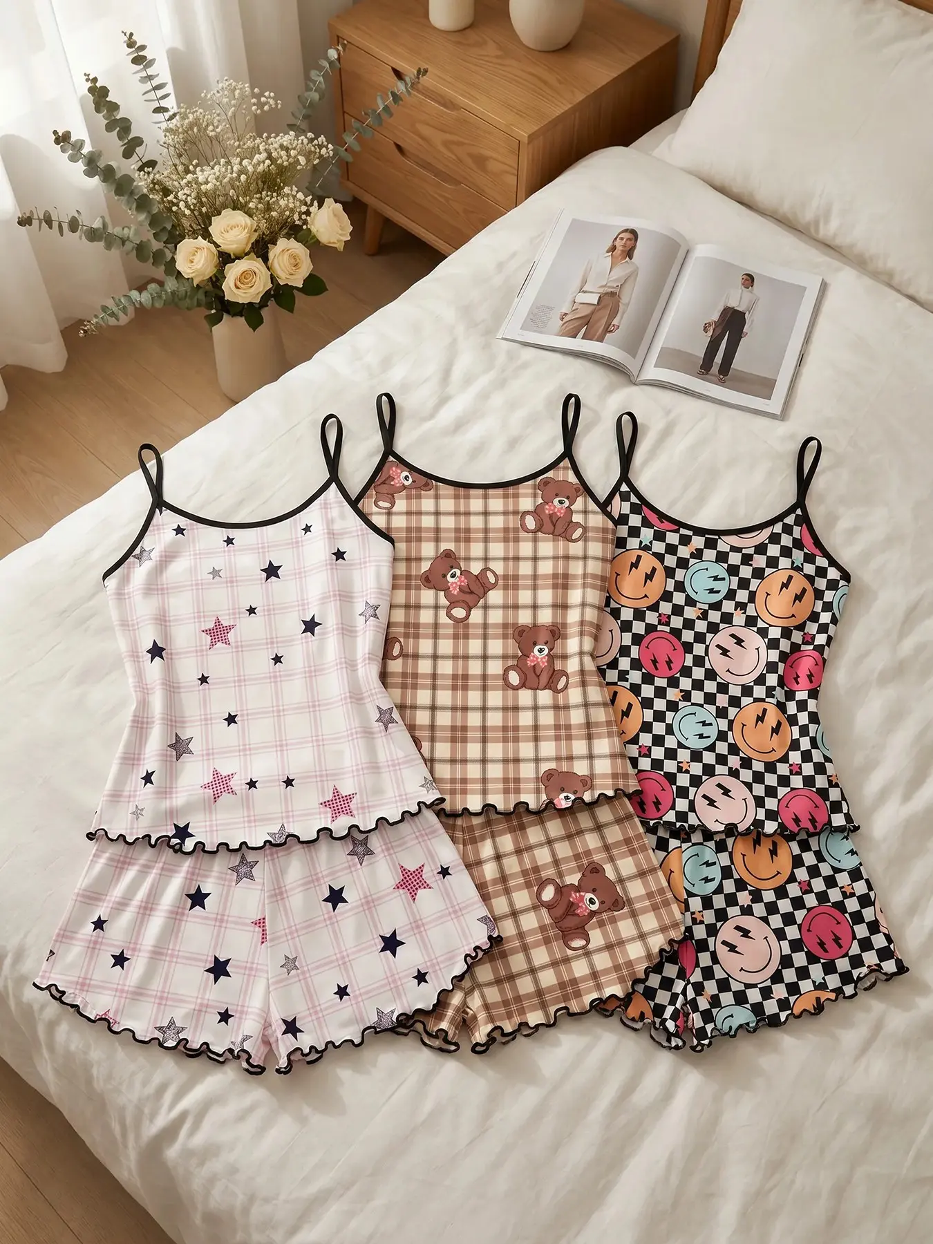 Women's 3 Pack Spaghetti Strap Cami Top and Shorts Pajama Set, Spring Summer Wear, Versatile Multi Style Plaid Bear Smiley Print, Practical Style, Casual Sleepwear for Home & Daily Wear
