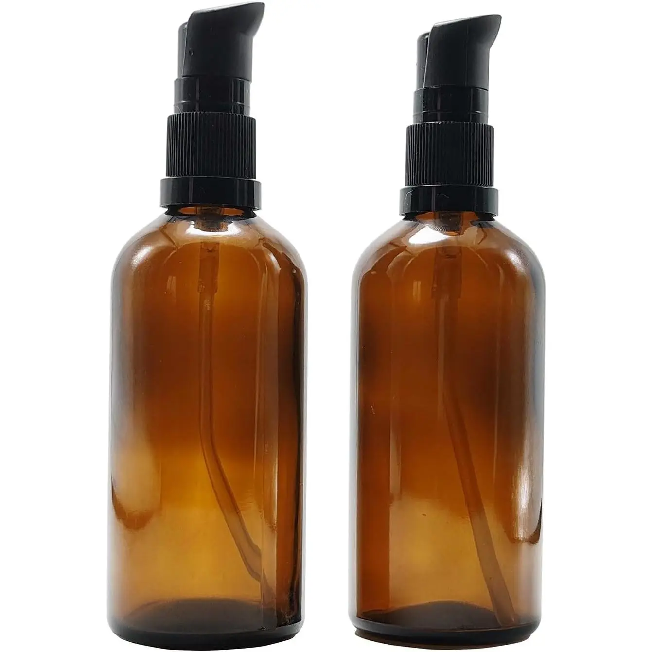 2PCS Upscale Amber Glass Refillable Pump Press Lotion Bottle Containers - Cosmetic Jars for Baby Skin Care, Makeup Foundations, Essential Oils (100ml/3.4oz), Makeup Storage
