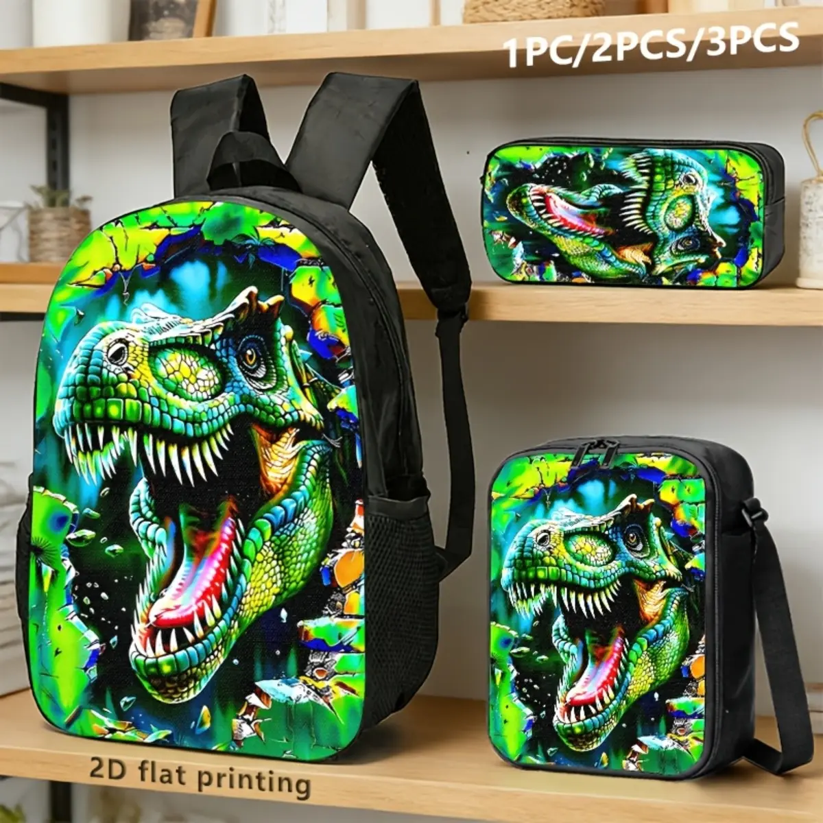 3pcs Backpack, Crossbody Bag, And Pouch Featuring a Roaring Green T-Rex with Vibrant Blue-Green Splatter And Rock Textures; Black Trim Enhances Contrast, Anime Fans, Daily Commuting, Or Study Use