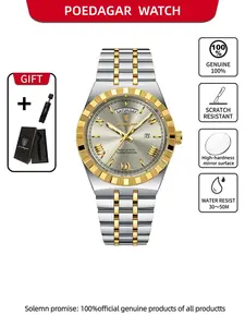 Poedagar Luxury Premium Men's Quartz Watch Date Week Waterproof Stainless Steel Quartz Casual Analog Watch Fashion Men's Watch Ideal Gift Choice Waterproof Wristwatch Water Resistant Watch
