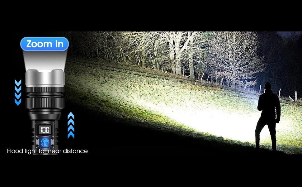 Rechargeable Flashlights High Lumens,LED Rechargeable Flash Light, Zoomable IPX7 Waterproof, 2-in-1 High Lumens, Power Bank and Digital Display, for Outdoor,Camping,Emergency Multi-Scenario(1pcs)