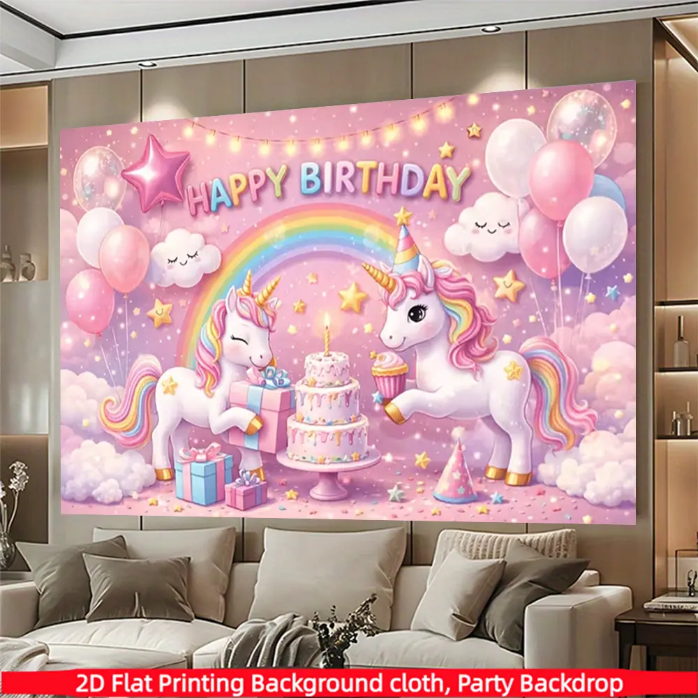 Pink Rainbow Cloud Unicorn Birthday Background Banner, Polyester Backdrop Banner, Cake Gift Balloon Element, Polyester Material, Suitable for Living Room, Bedroom, Office, Birthday, Anniversary, Indoor & Outdoor Parties, Photography Backdrop