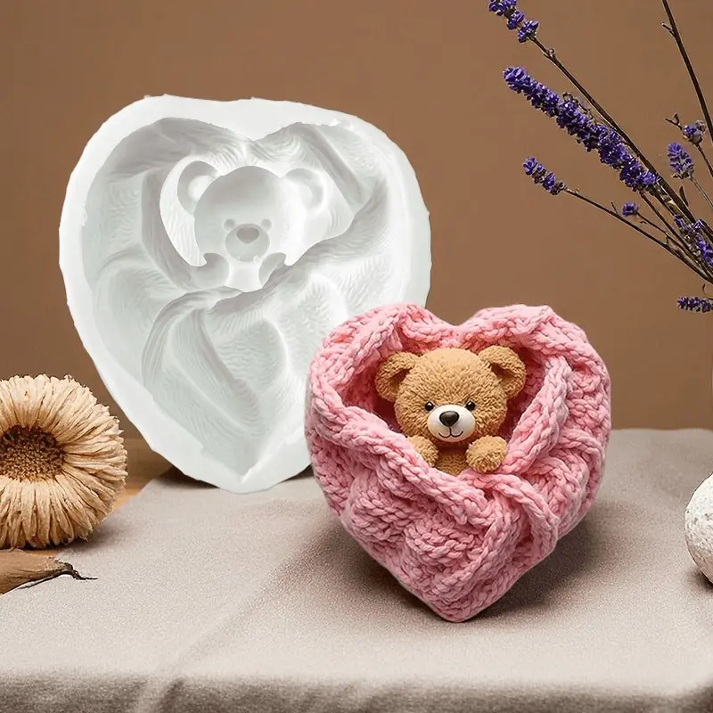 1pc Cartoon Heart Teddy Bear Silicone Mold, DIY Animal Shape Soap Candle Clay Resin Molding, Handmade Craft Casting Mold