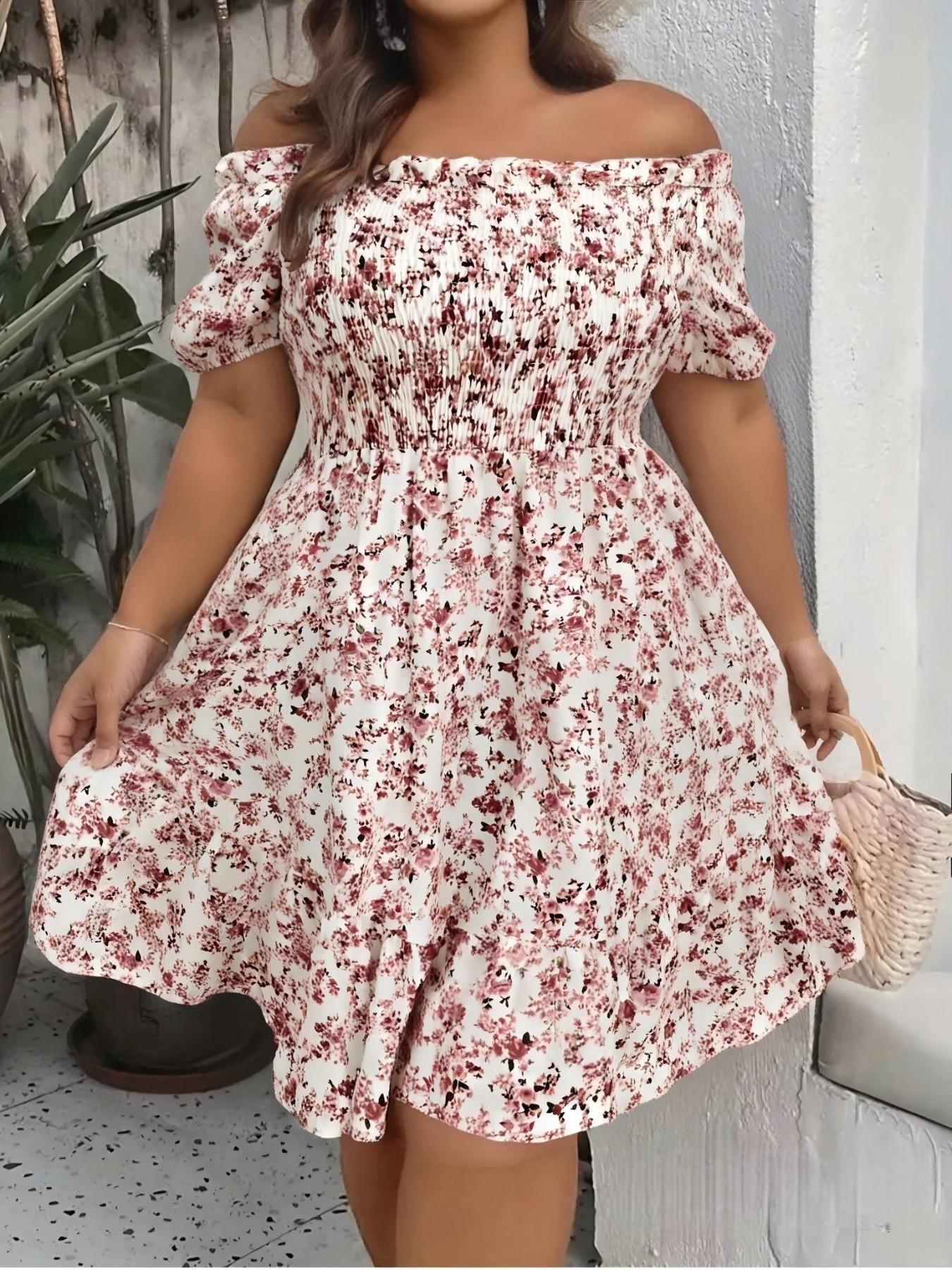 Plus Size Floral Print Off Shoulder A Line Dress, Boho Romantic Shirred Ruffle Hem Dress for Beach Vacation Holiday, Women's Plus Clothes for Summer