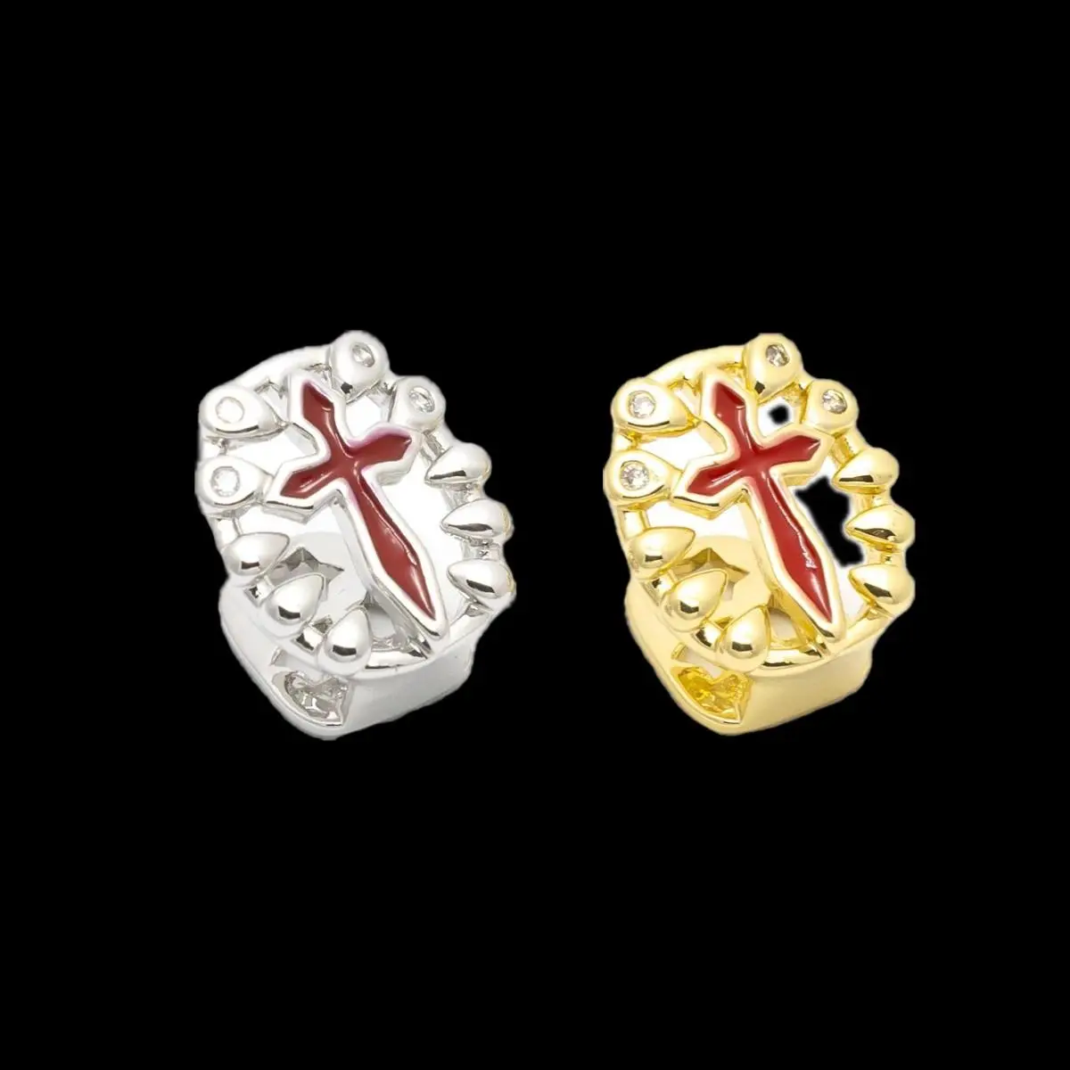 Hip Hop Single Red Cross Tooth Caps For Women Men Zircon Hollow Mouth Teeth Grillz Jewelry Cosplay Dental Grills