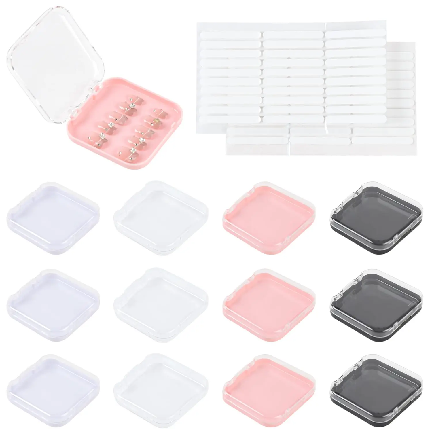 12 Pcs Press on Nail Boxes with 60 Pcs Double Sided Tape 4 Colors | for Fake Nail Storage Nail Display Nail Salon