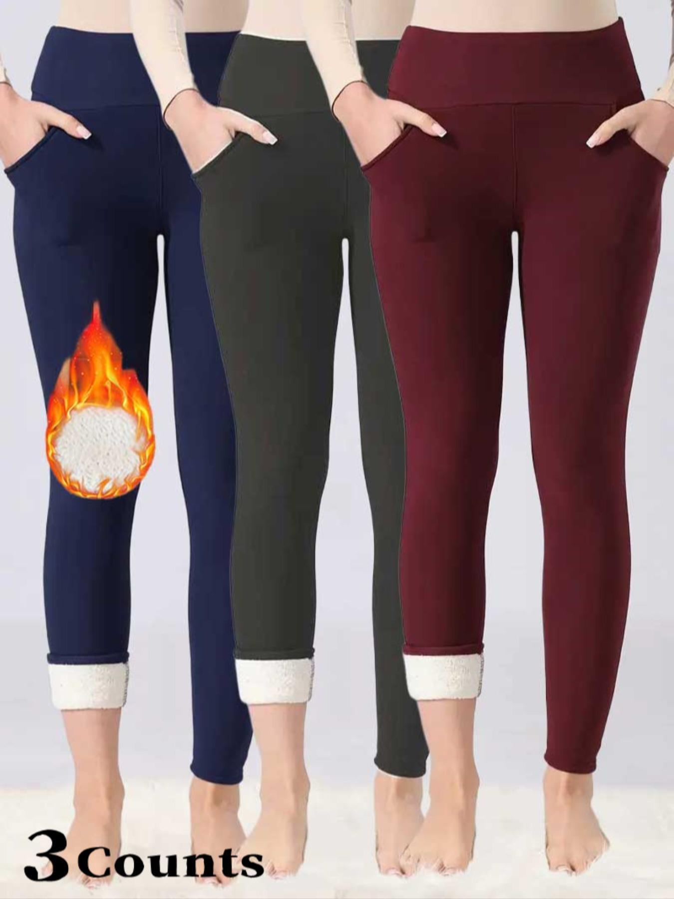 Women's Fall Winter High Waist Fleece Lined Leggings, Skinny Yoga Bottoms, Sporty Tight-Fitting Yoga Pants with Pockets, Warm Thick Woven Fabric
