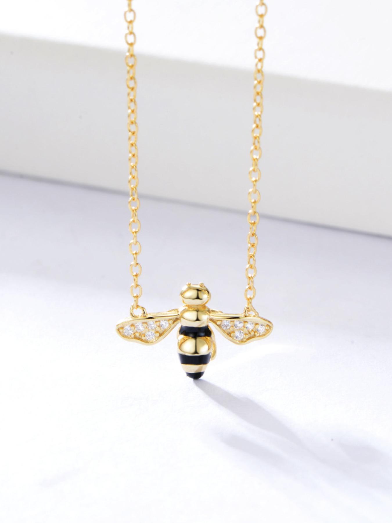 925 Sterling Silver Cute Bee Design Pendant Necklace, Artificial Zircon Decor Necklace, Fashion Jewelry Accessories for Women As Gift