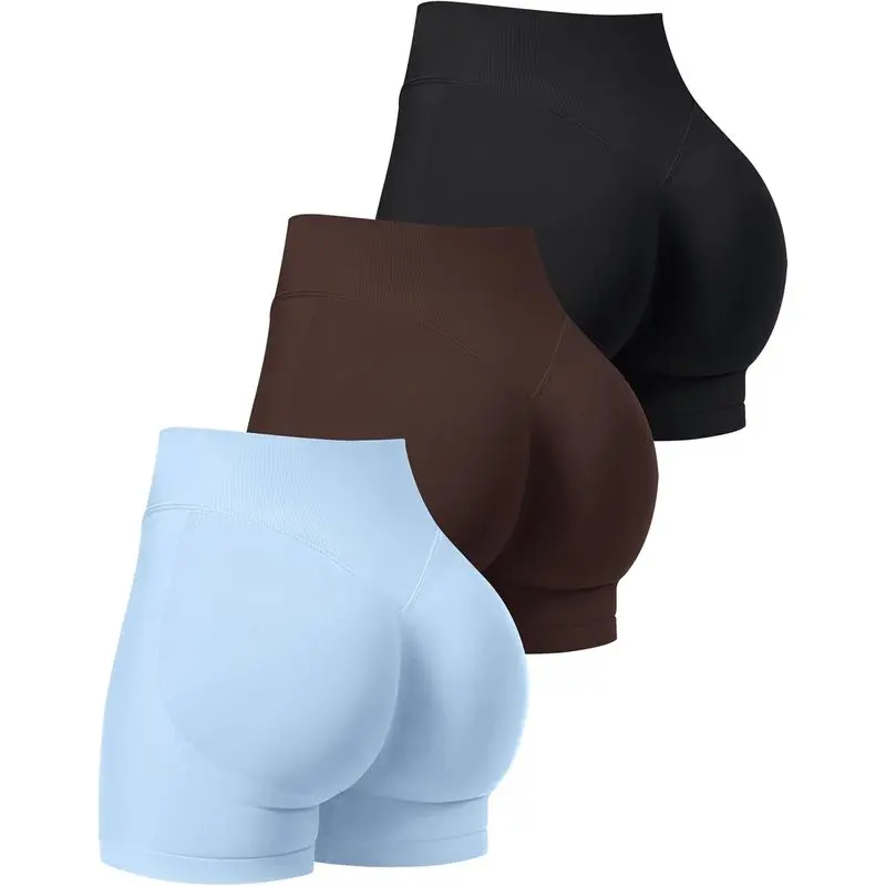 Women's Workout Shorts Seamless Scrunch Butt Lifting 3 Pack Yoga Gym Athletic High Waisted Tummy Control Booty 4.1"