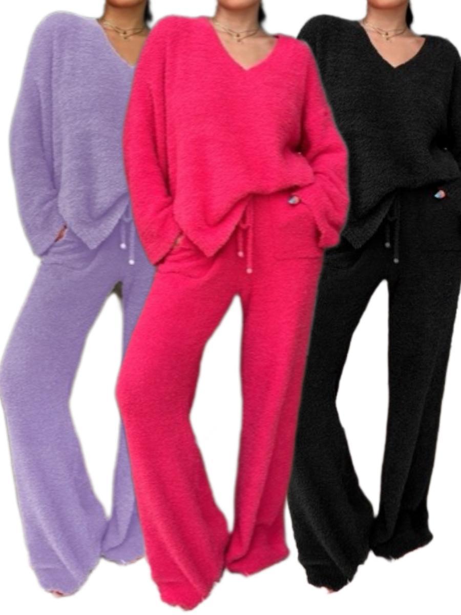 【COZY PAJAMA SET】Women's Solid Split Hem Top & Pocket Pants Plush Pyjama Set, Casual Comfy Long Sleeve V Neck Top & Drawstring Trousers PJ Set, Women's Fluffy Pajamas for Fall & Winter