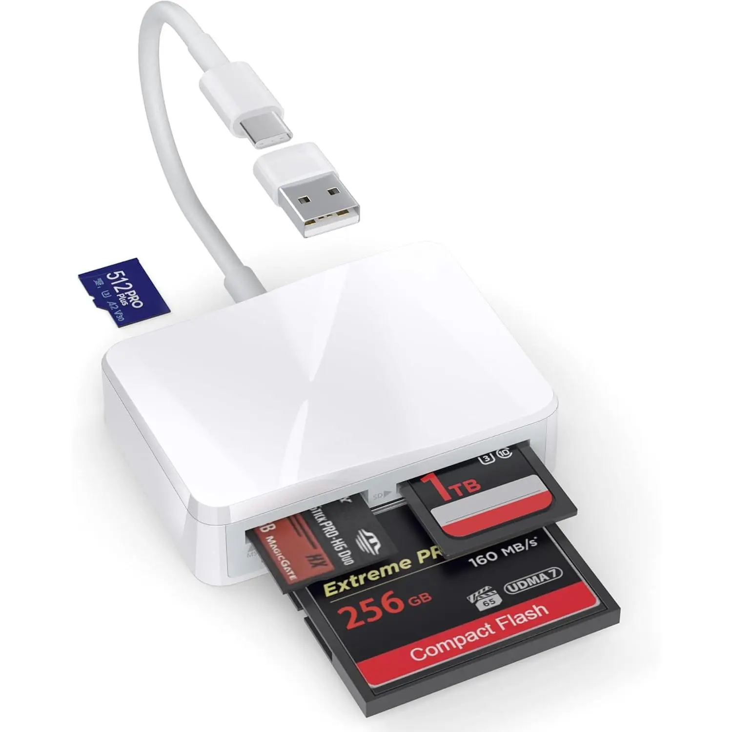 SD Card Reader, 4 1 USB C to SD/TF/CF/MS Card Reader with USB to USB C Adapter Memroy Card Reader for iPhone 17/16/15 Pro Max iPad Pro MacBook Pro/Air iMac M4/M3/M2 Android Phone/Tablet PC (White)