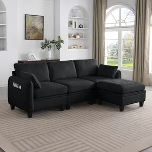 85 Inch BLACK Chenille Modular Sectional Sofa,  L-Shaped Cloud Couch with Storage Ottoman, DIY Combination for Living Room
