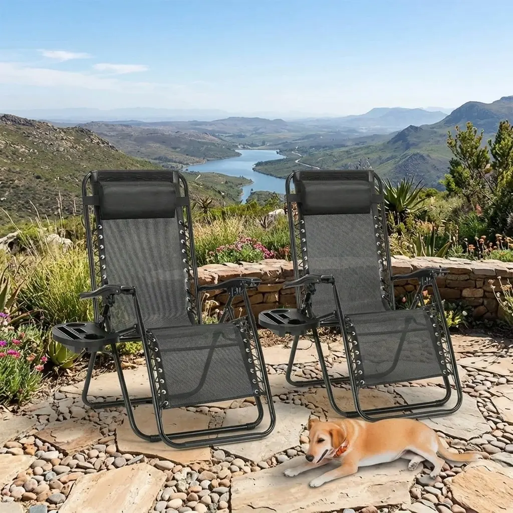 2-Pack Outdoor Lounger Chairs - Adjustable Reclining Backrest Tanning Seats with Pillows, Cup Holders, Heavy-Duty Steel Frame, Breathable Mesh - Foldable Portable for Patio, Beach, Lounger Chair Outdoor