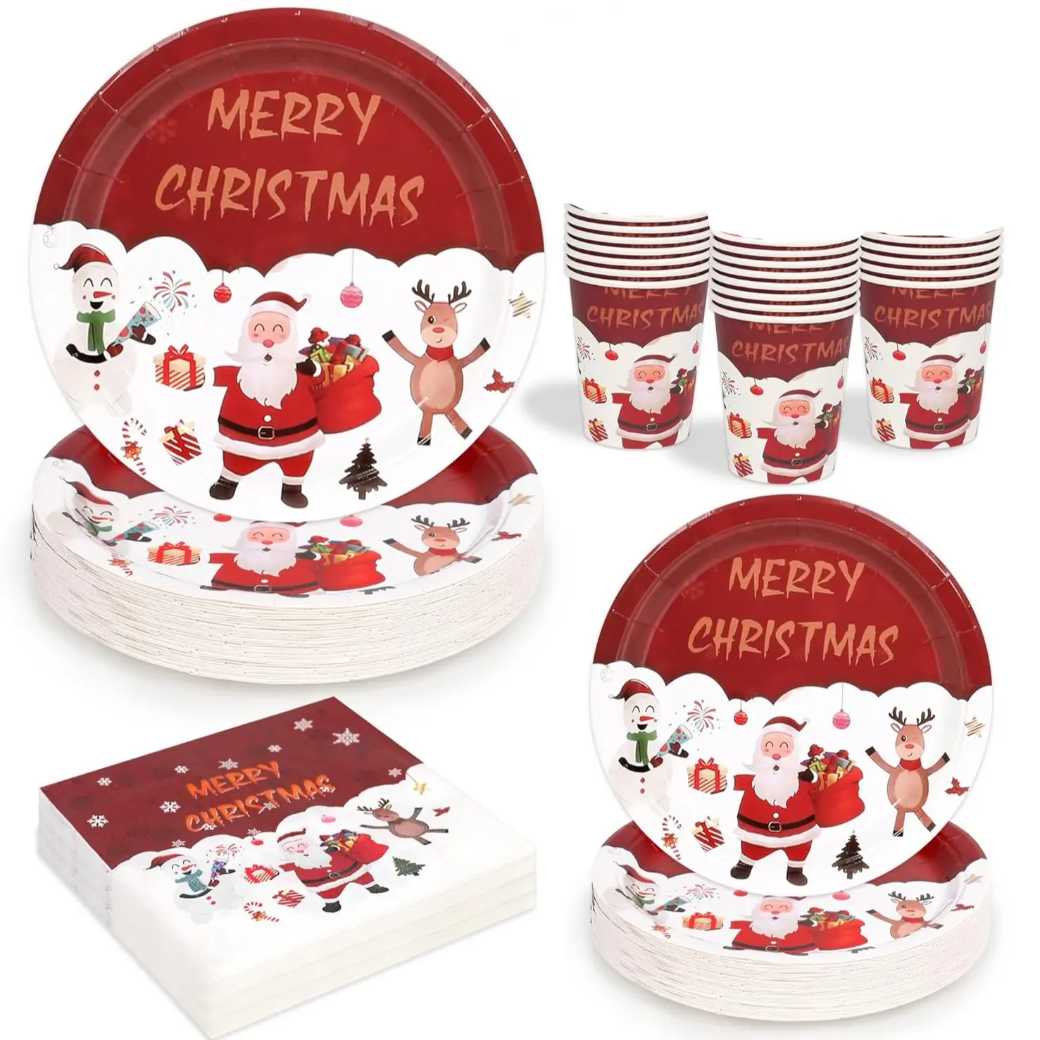 Christmas Paper Plates and Napkins Set, Santa Claus Reindeer Snowman Disposable Dinnerware, Party Supplies for 10/24 Guests