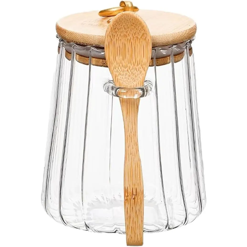 Conical Airtight Transparent Glass Sugar Bowl - 750ml/25.36oz Moistureproof Food Storage Jar with Bamboo Lid, Silicone Seal, Bamboo Scoop - Pet Supply Accessory, Coffee Bar Gift for Coffee Beans, Powder, Containers, Bpa Free