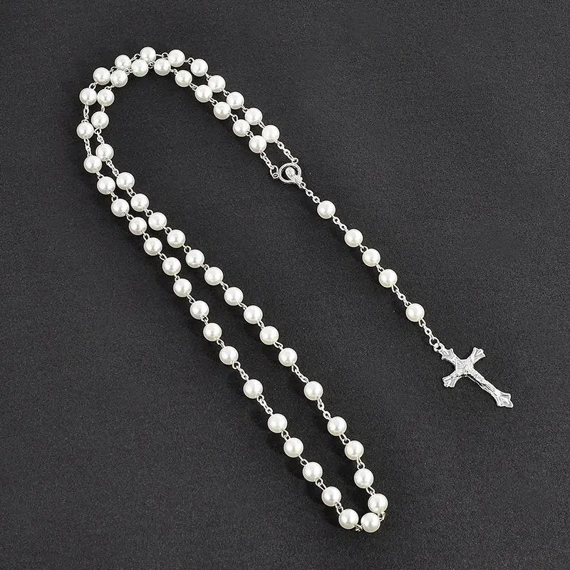 Vintage Pearl Bead Chain Christian Catholic Rosary Cross Rosary Pendant Necklace for Women Men Charm Religious Jewelry Gifts