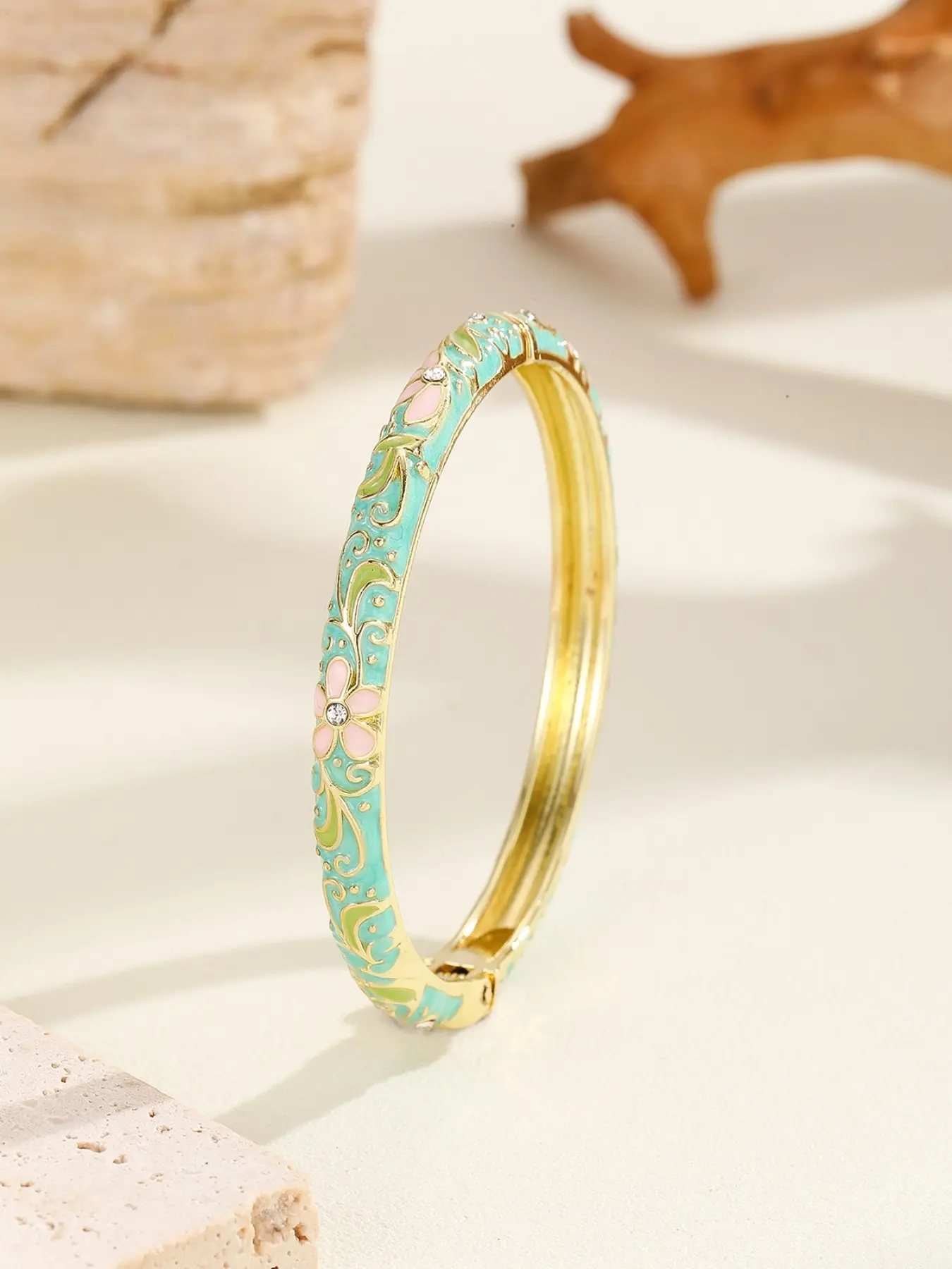 Cloisonné Style Hinged Enamel Bangle for Women, Gold Plated Floral Vine Cuff with Crystal Center Flower, Elegant Vintage Jewelry Gift, Exquisite Bracelet
