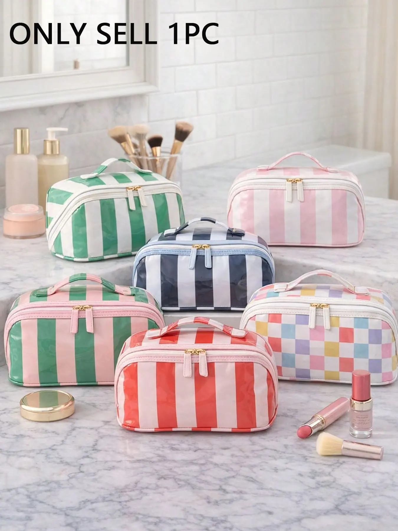 PVC Striped Cosmetic Storage Bag, Large Capacity Travel Makeup Bag, Portable for Women, Ideal for Daily Use, Business Trips, Vacations