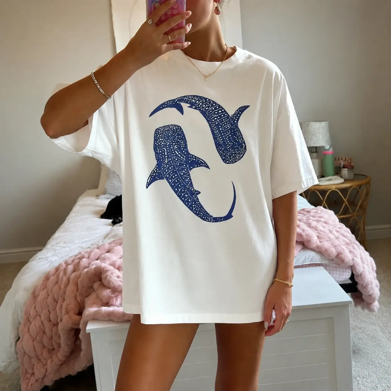 Minimalist Whale Shark Graphic Tee Casual Crewneck Shirt Loose Fit White Top Blue Ocean Art Unisex Short Sleeve Summer Beach Daily Apparel