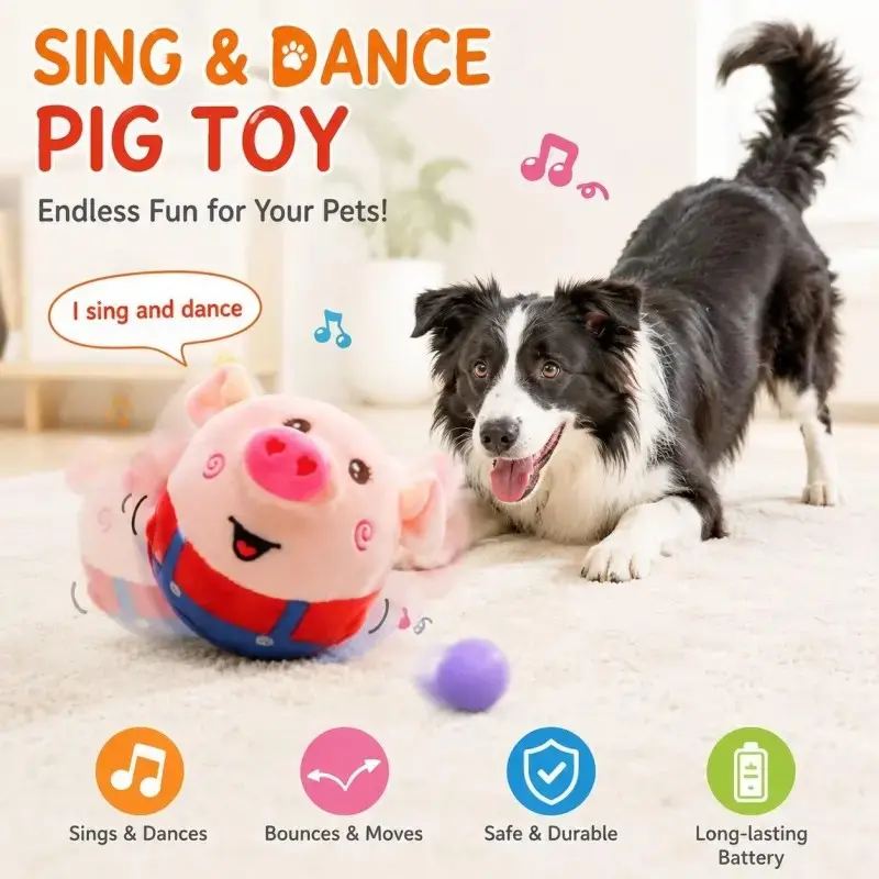 Interactive Singing & Dancing Pig Plush Toy, Cute Bouncing Dog Toy for Entertainment & Training