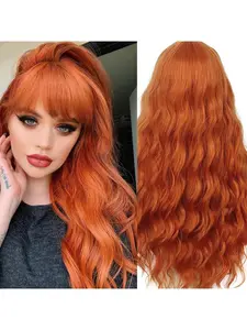Long Orange Wig with Bangs,Ginger Wavy Wigs for Women,26 Inches Heat Resistant Synthetic Orange Wig For Daily Cosplay Party Use, Fun Wigs