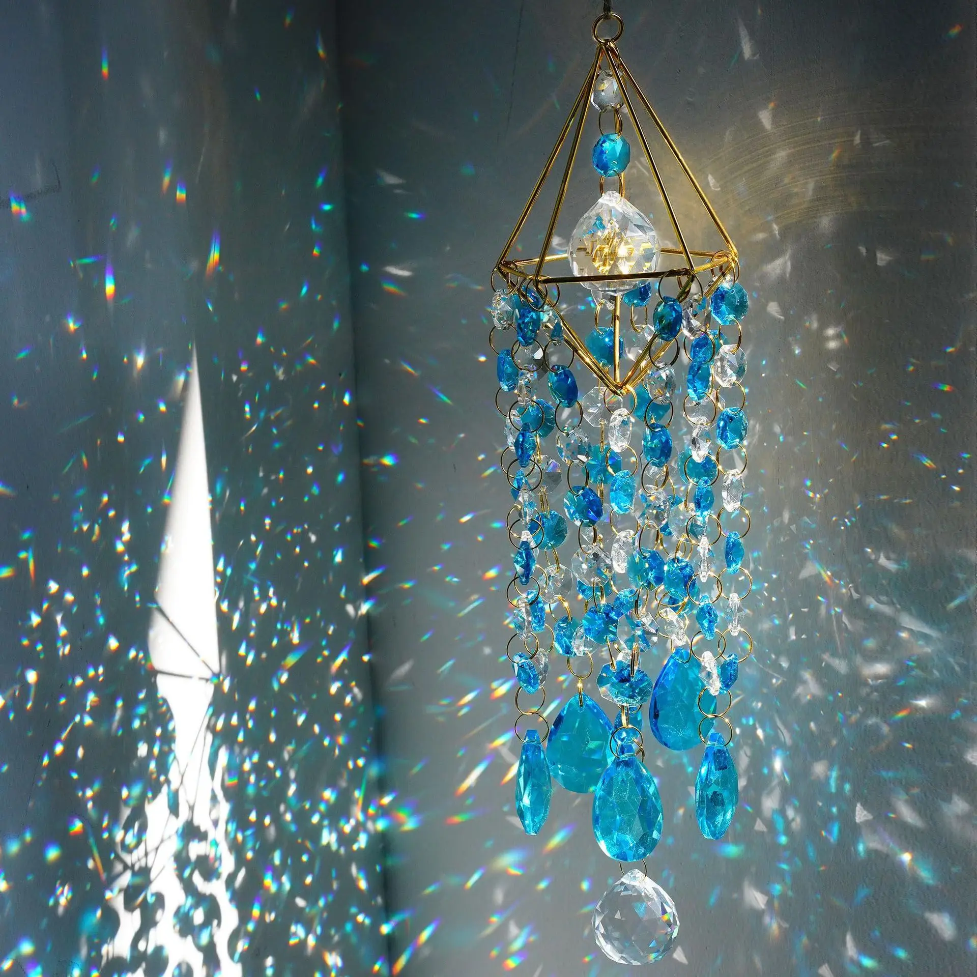 Blue Crystal Prism Suncatcher Wind Chime, Faceted Glass Rainbow Maker Window Hanging Ornament, Home Garden Decor Crystal Pendant