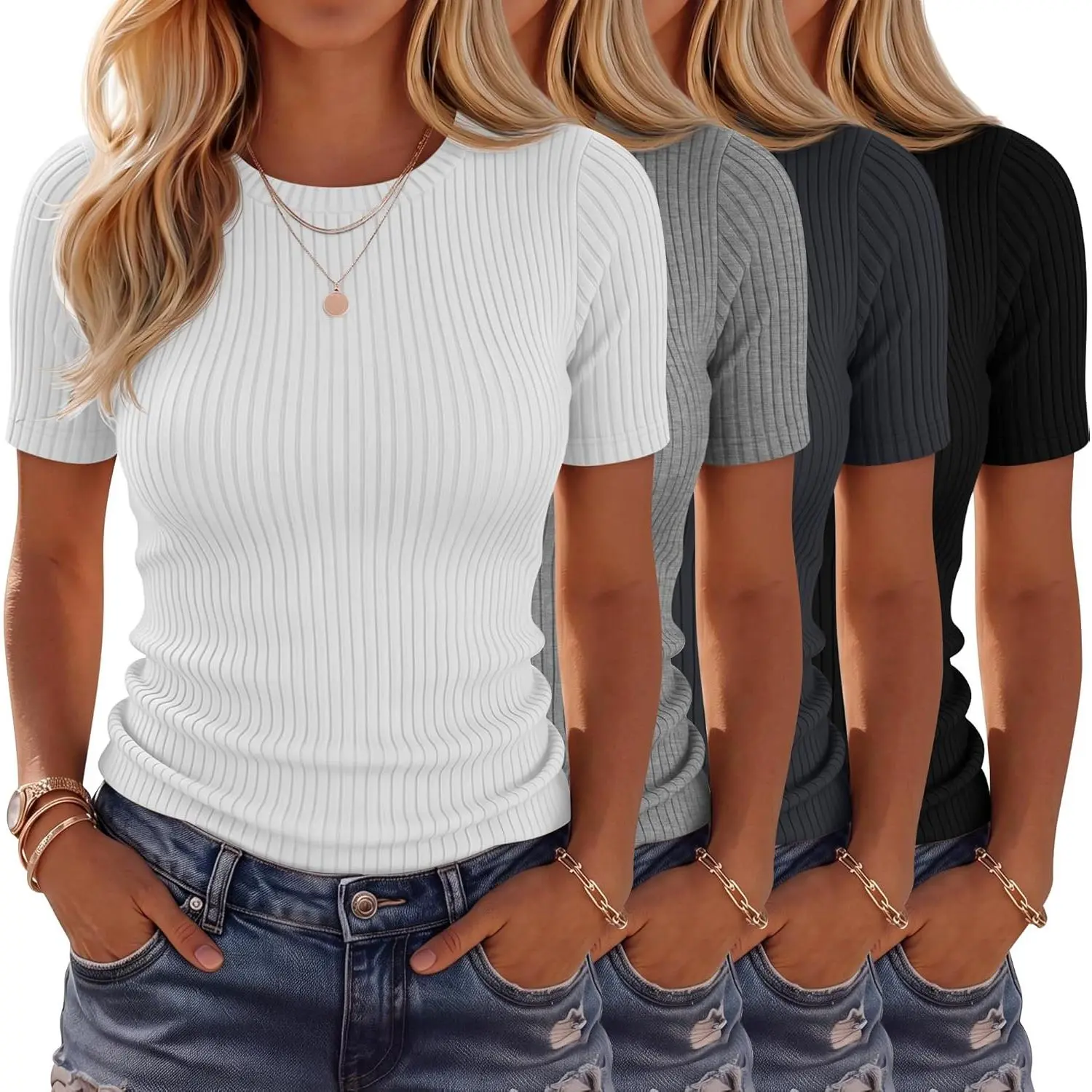 4 Pack Women’s Ribbed Cotton Short Sleeve Fitted Basic Tops Crew Neck Casual Shirts Summer Trendy Tees