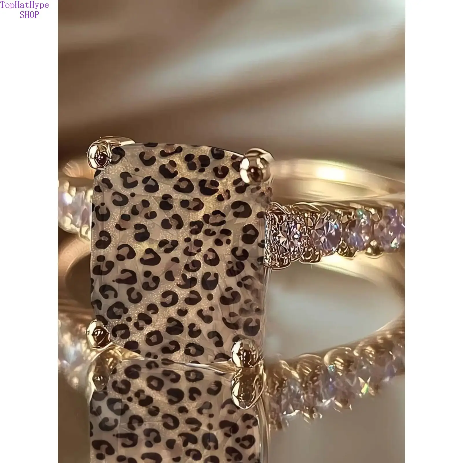 Leopard Print Square Statement Ring - Bold Look, Wild Pattern Design, Animal Theme, Side Embellishments, Bold Personalized Statement Wear Costume Jewelry, Square Ring, Side Embellish.