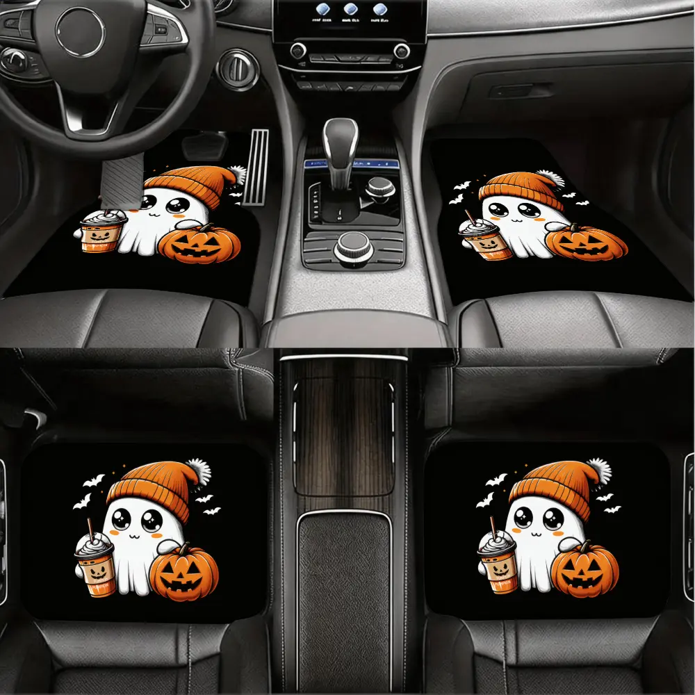 Cute Halloween Car Floor Mats, Ghost Pumpkin Pattern, Non-Slip Rubber Backing, Universal Fit For Sedans And Suvs, 4-Piece Set