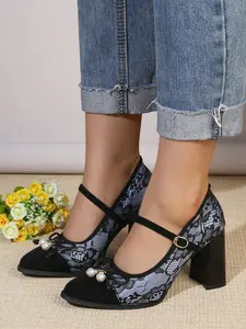 Women's French Vintage Lace Mary Jane Shoes, Chunky Heel, Buckle Design, Multicolor, Versatile Low Ankle Boots, All-Season Elegant Footwear