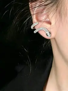 Silver Color Snake Ear Cuff, Full Rhinestone Zircon Earring, Cold Tone Fashion, Perfect for Cool, Commute Parties
