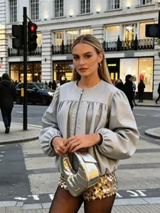 2026 Spring Summer New Arrival Women's Long Sleeve Round Neck Imitation Leather Balloon Jacket Coat, Stylish Fashion Outerwear for Ladies