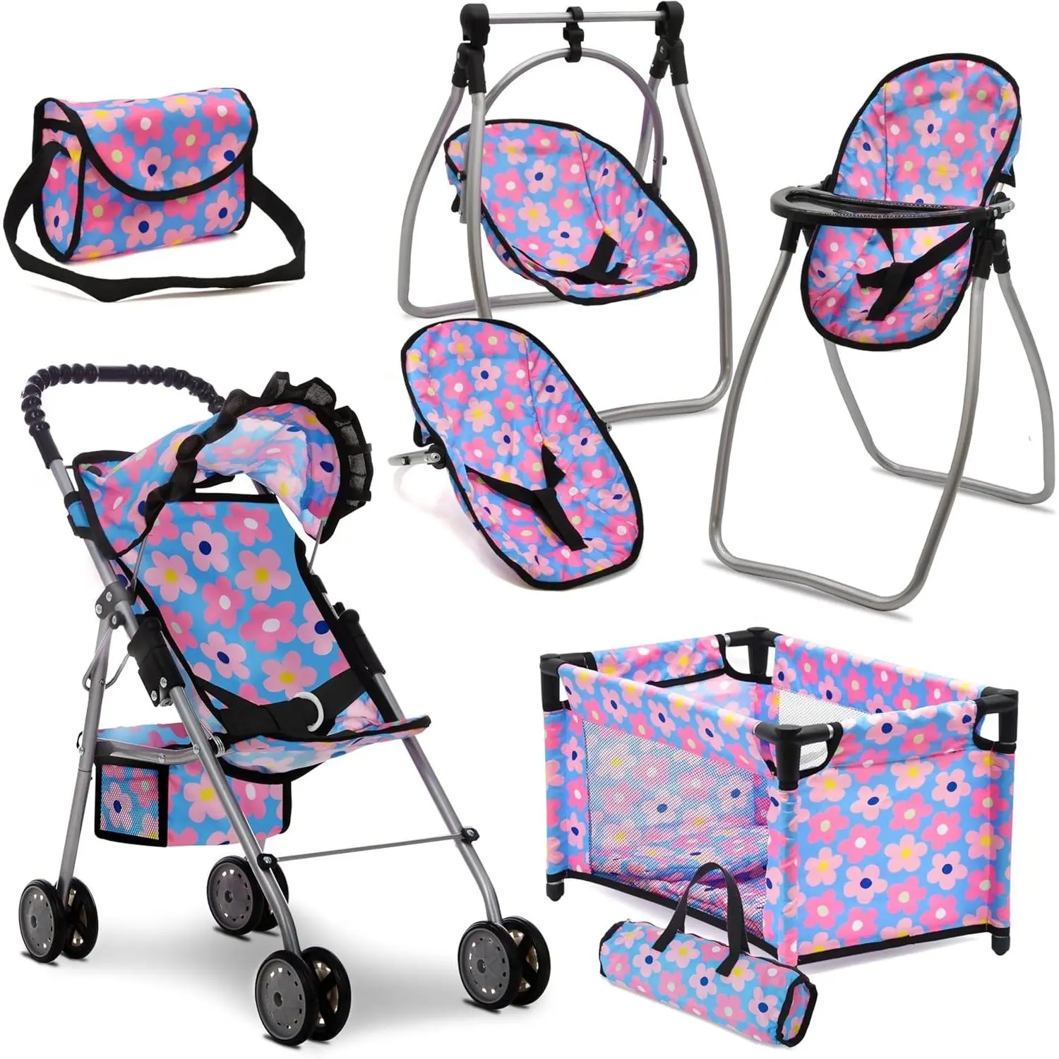 Baby Doll Stroller Bed and Swing Nursery Playset, Baby Doll Accessories Furniture Set Convertible High Chair Diaper Bag Role Play Deluxe Blue Doll Set