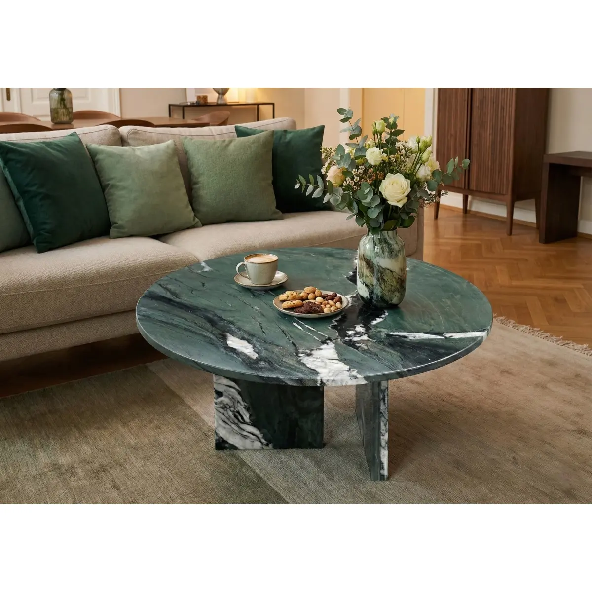 Green natural marble coffee table, small table, living room table, natural stone, Ø27.6 h12.6 Inch/Ø70 h32 cm, genuine marble, real marble