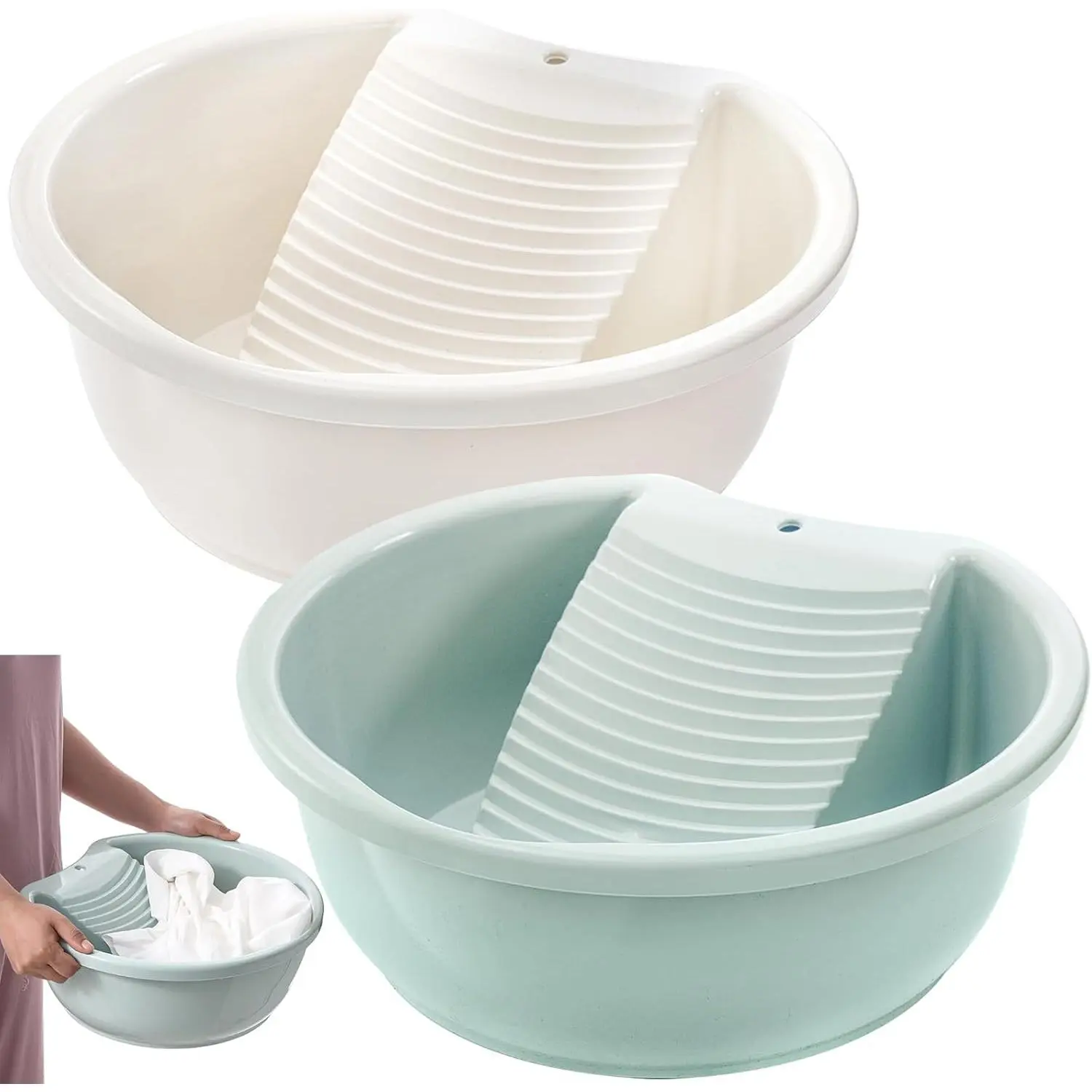 2 Pack Washboard Basin for Hand Washing Clothes, Plastic Non-Slip Washtub with Integrated Washboard, Small Delicate Articles Washing Clothes Laundry for Home and Outdoor Green Cleaning