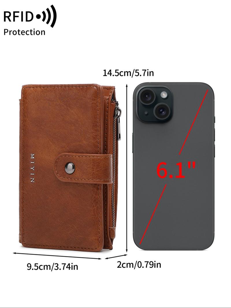 Women's Minimalist Plain Color Letter Decor Short Wallet, Casual Versatile Zipper Wallet with ID Window, RFID Blocking Card Holder for Daily Used