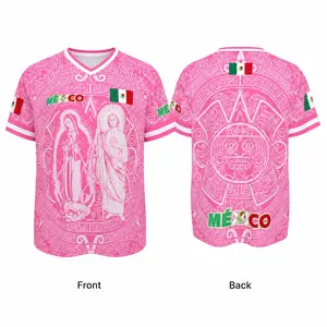 Mexico Inspired V Neck Jersey for Men Women, Faith Aztec Graphic Print Shirt, Lightweight Breathable Polyester Jersey Fabric, Relaxed Fit Short Sleeve, Pink Red Green Black White, Vacation Streetwear Game Day Festival Top, S-5XL