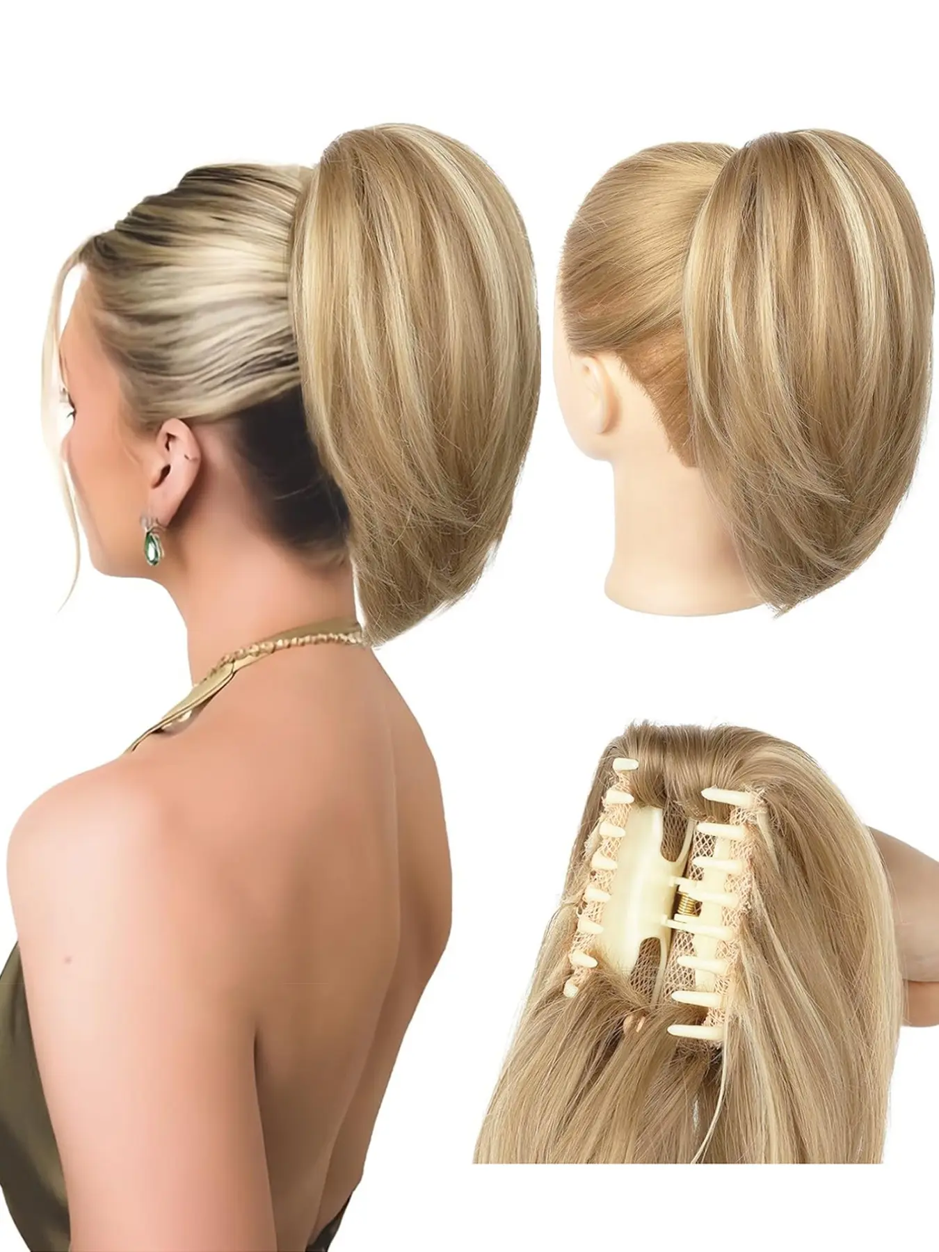 10 Inch Short Claw Clip Ponytail Hair Extensions, Messy Bun Wig, Natural Soft Synthetic Straight Hair, Deep Gold Highlights, Women's Use