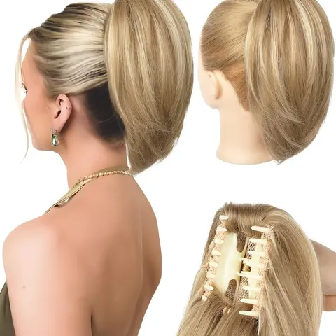 10-Inch Short Claw Clip Ponytail, Messy Bun Hair Piece, Natural Soft Synthetic Straight Hair, Deep Gold Highlights, for Women, Synthetic Hair Pieces