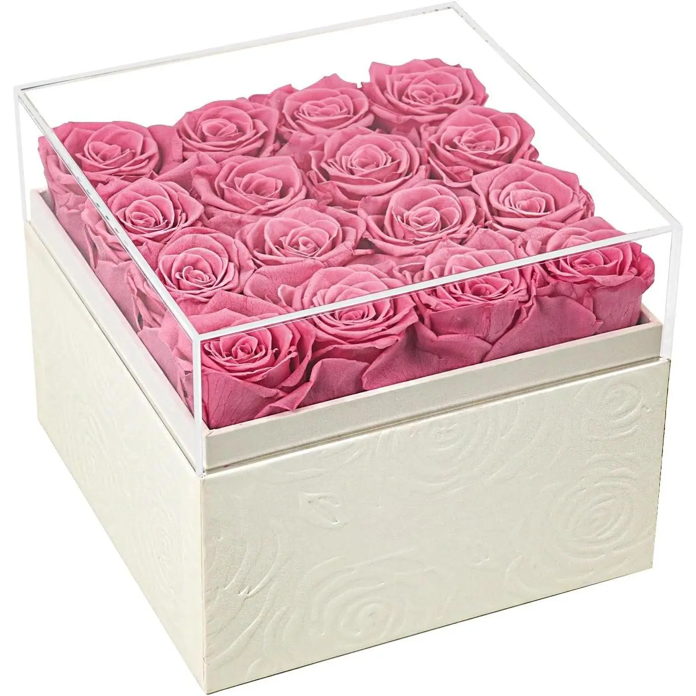 Square Preserved Roses  Box - Real Forever  in Clear  Lid, Valentine's for Women (, 16 Roses)
