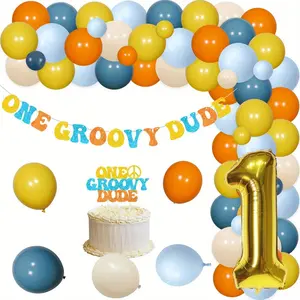 1Set One Groovy Dude Birthday Decorations Yellow Orange Blue Balloon Garland Arch Kit with Glitter One Groovy Dude Letter Banner Cake Toppers for Baby Shower Boy Girl First Birthday Party Supplies