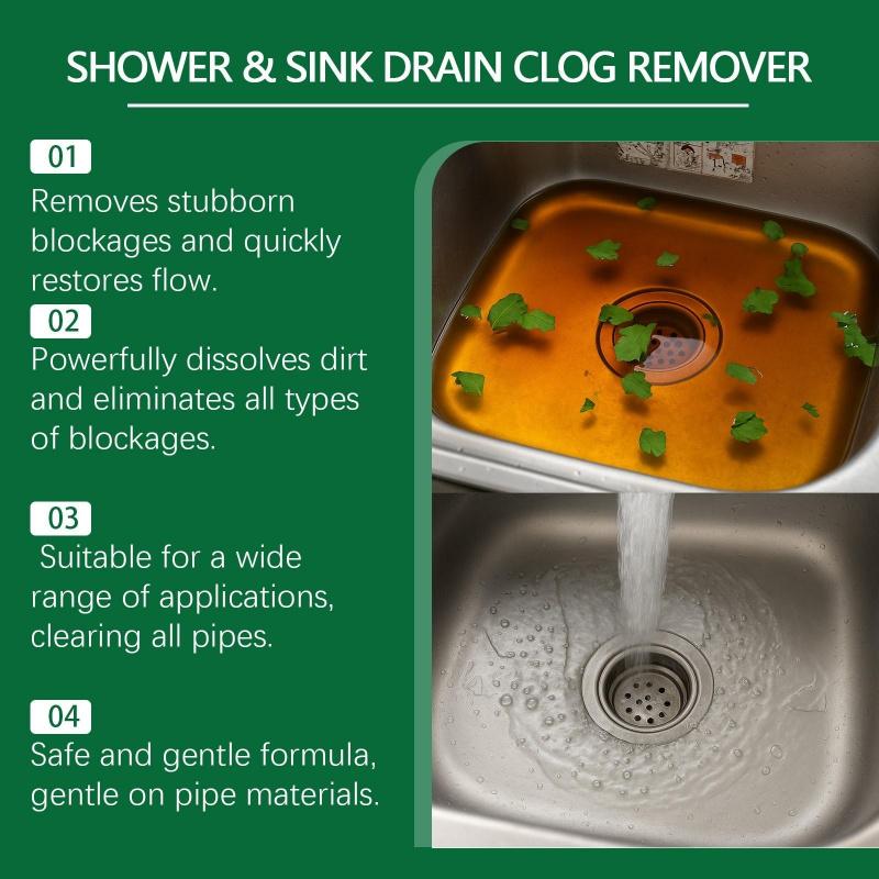 Powerful Drain Cleaner & Plunger Kit for Kitchen Sink & Shower, Hair & Grease Clog Remover, Effective & Safe Drain Unclogger for Home Use