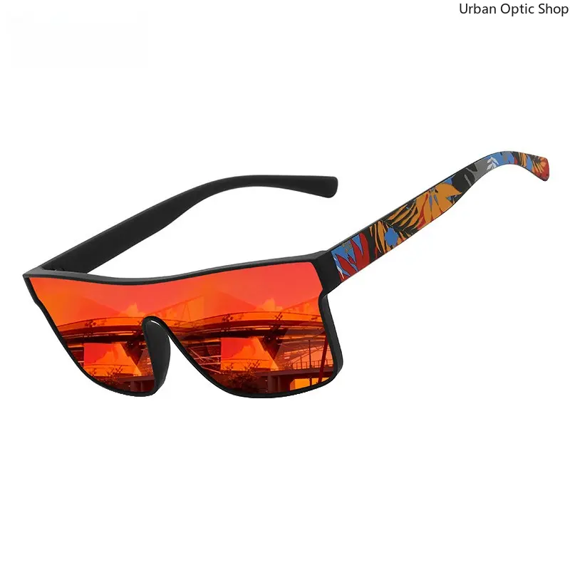 XUH Unisex 1-Piece Shield Sunglasses - Tropical Print Nylon Frame, Mirrored Green Lenses, UV400 Protection for Outdoor Beach Activities, One Piece