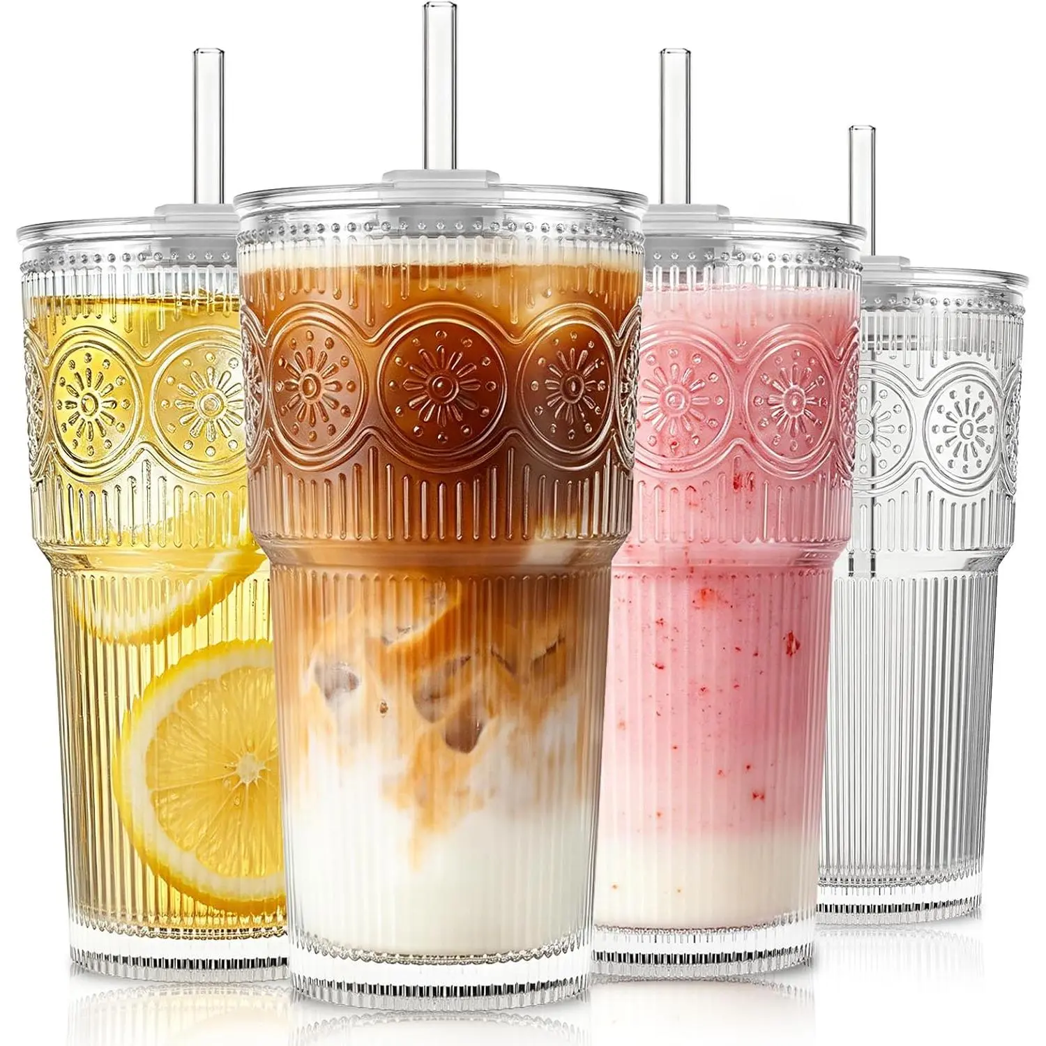 4-Pack 20oz Ribbed Floral Glass Tumblers with Lids, Glass Straws & Cleaning Brush, Reusable Iced Coffee Cups for Coffee Bar, Matcha, Juice & Smoothies