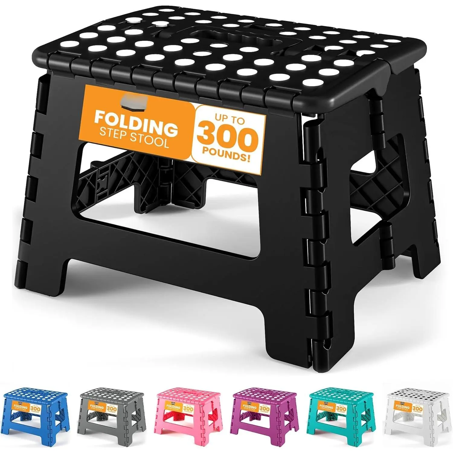 Folding Step Stool with Handle – 9 Inch Anti Slip Collapsible Stool – Holds Up to 300 lbs – Sturdy Plastic Step Stool Foldable for Kitchen, Bathroom and  Use (1-Pack, Black)