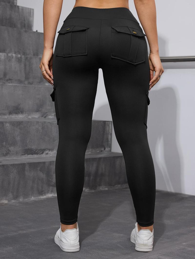 Women's Plain Flap Pocket Button High Waist Leggings, Casual Comfy Breathable Skinny Cargo Pants for Daily Wear, Ladies Bottoms for All Seasons, Leggings for Women, Pants for Women