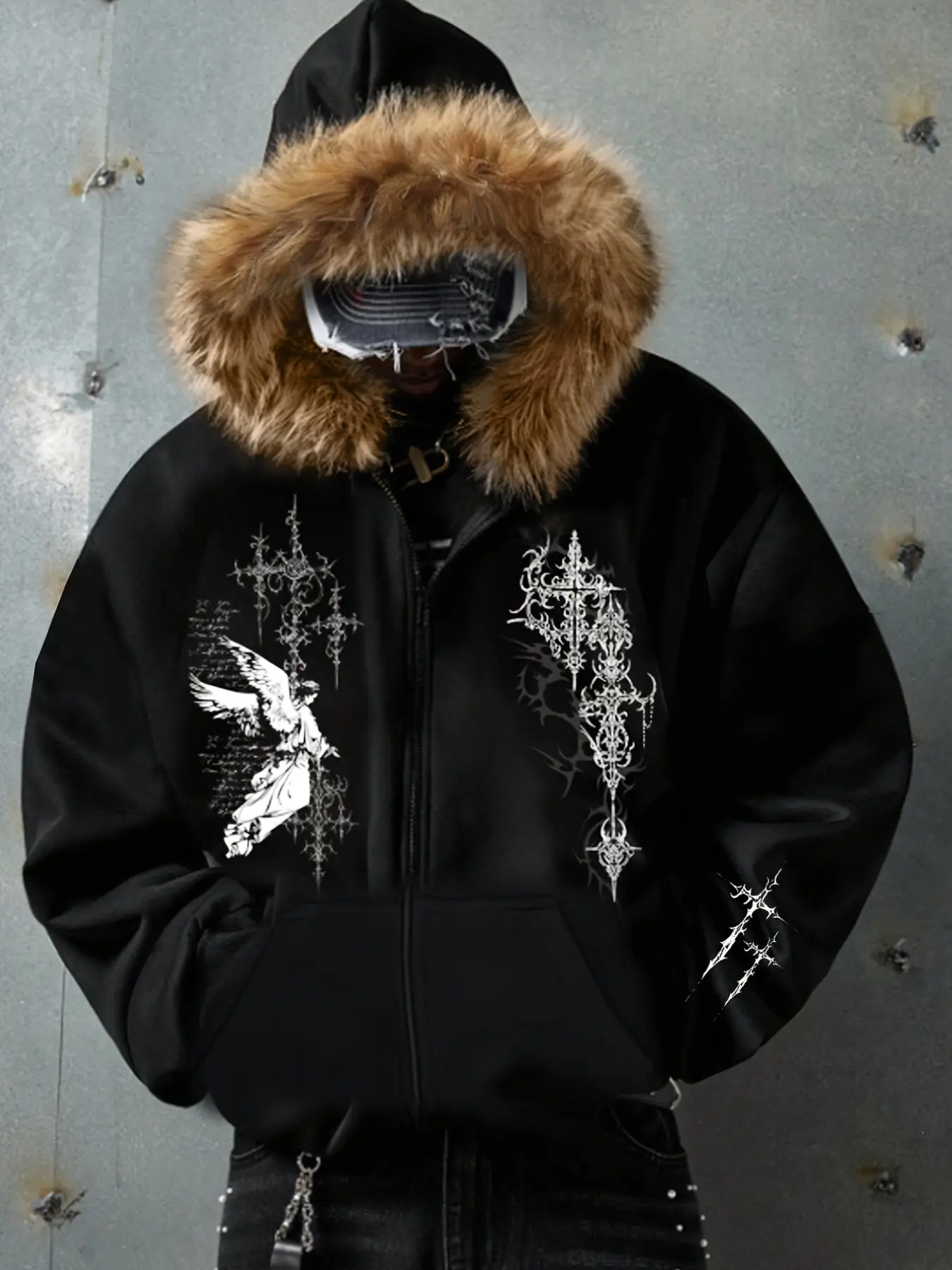 Men's Fall Winter Faux Fur Hooded Zipper Jacket, Detachable Faux Fur, Casual Street Style, Gothic Print, Long Loose Fit Outerwear